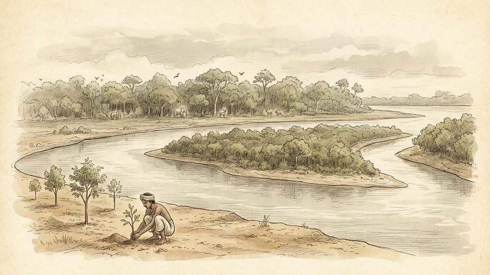 Jadav Payeng planting beside a forested Brahmaputra river island
