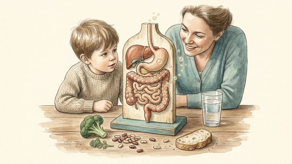 A child and adult exploring a digestive-system model with foods and gas bubbles
