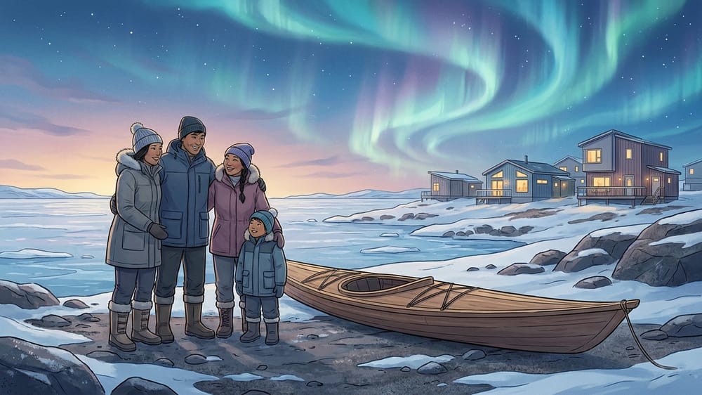 Contemporary Arctic family, coastal community and qajaq
