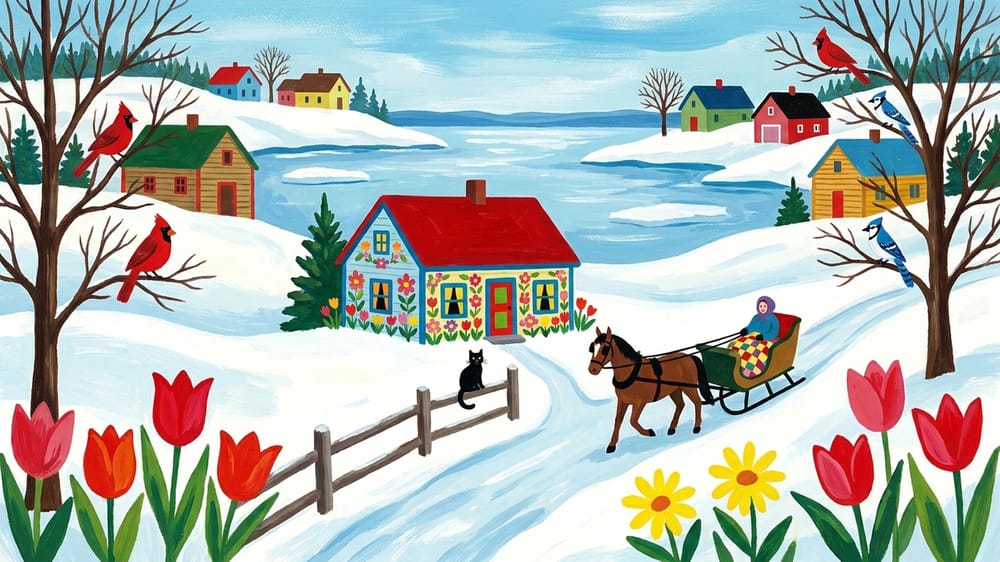 Colourful Nova Scotia folk-art village with birds, flowers and a black cat