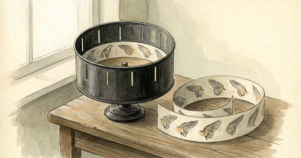 Illustrated zoetrope and a strip of bird drawings on a wooden table in soft window light.