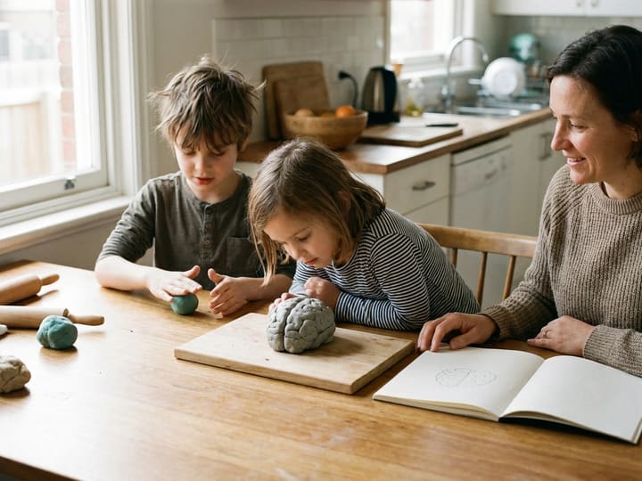 A parent and two children explore playdough and a brain-shaped model together at a sunlit kitchen table.