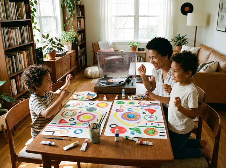 A parent and two children listening to music and painting colourful abstract shapes together