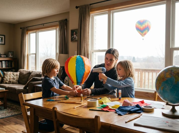 A parent and two children building a colourful paper hot-air-balloon model together at home