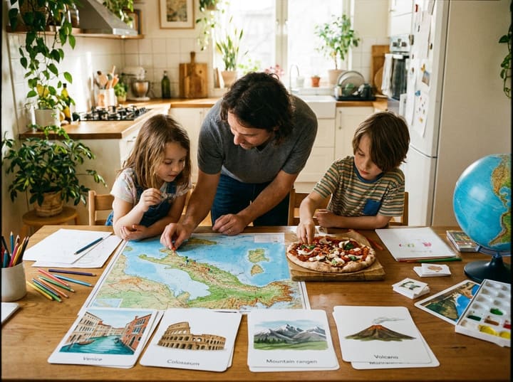 A parent and children mapping Italy, making pizza and exploring landmark cards