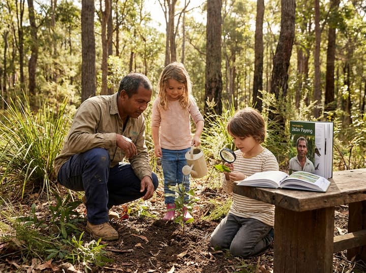 A parent and two children planting and caring for a young tree together outdoors