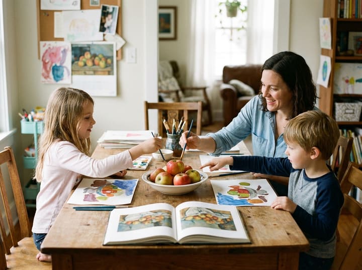 A parent and two children studying and painting a bowl of apples together at a family table