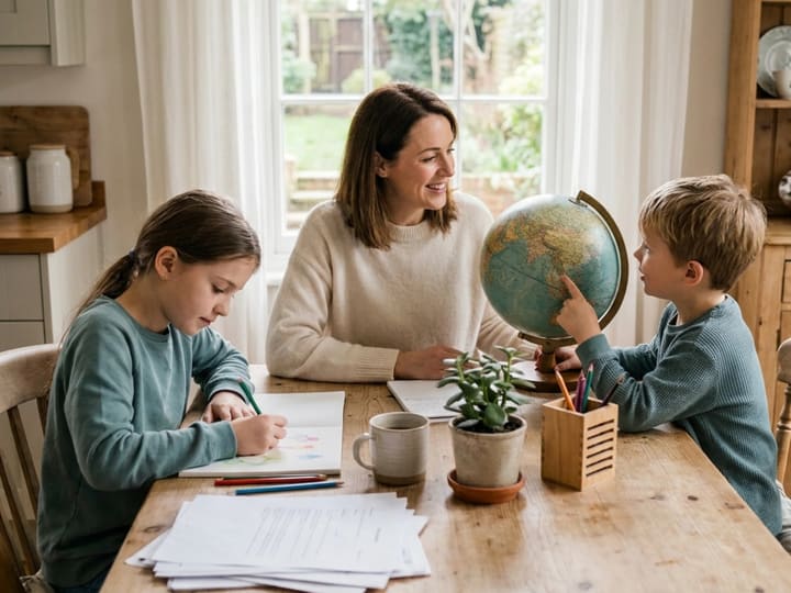 A parent and two children learning together around a family kitchen table with a globe, drawing materials and printed activities