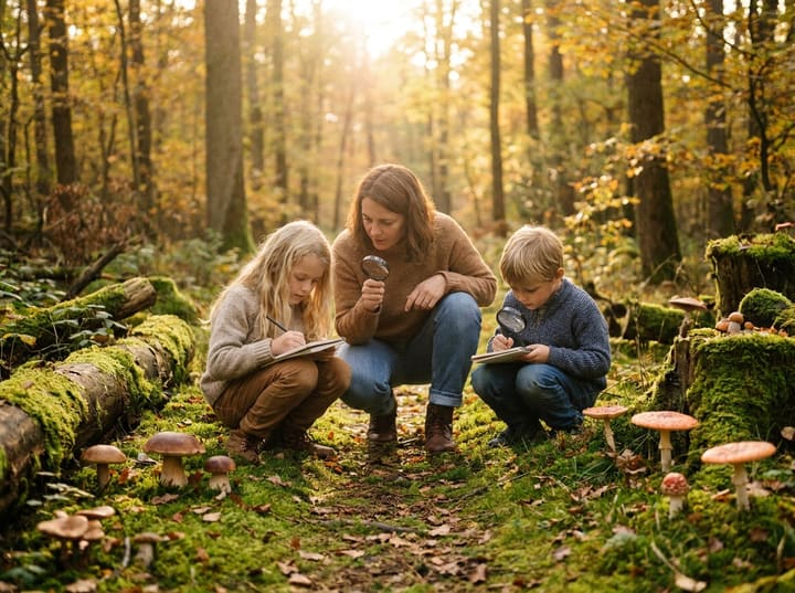 A parent and two children observing woodland mushrooms carefully with magnifying glasses and nature journals