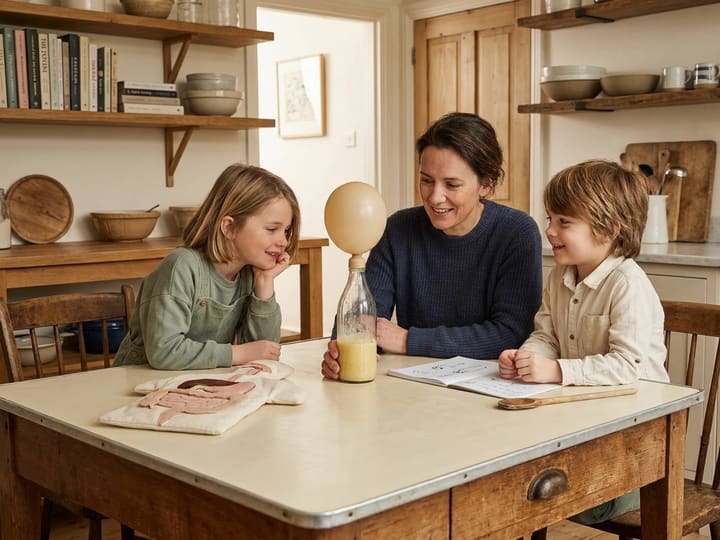 A parent and two children observing a yeast-and-balloon gas experiment together at a kitchen table