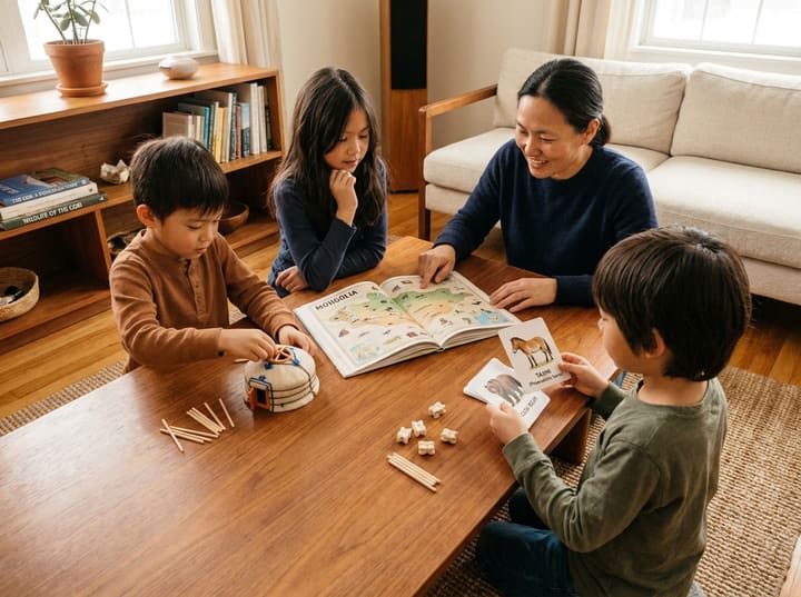 A parent and children mapping Mongolia, building a ger model and exploring animal cards