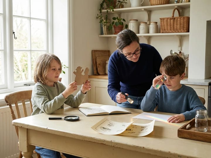 A parent and two children exploring light, shadows and a prism together at a kitchen table