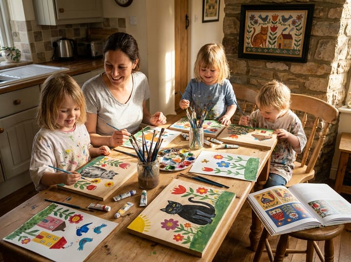 A parent and children painting original folk-art scenes of cats, flowers, birds and houses together