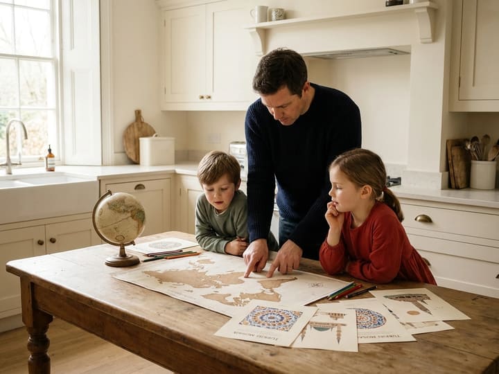 A parent and two children exploring a map and Türkiye-inspired lesson materials together at a kitchen table