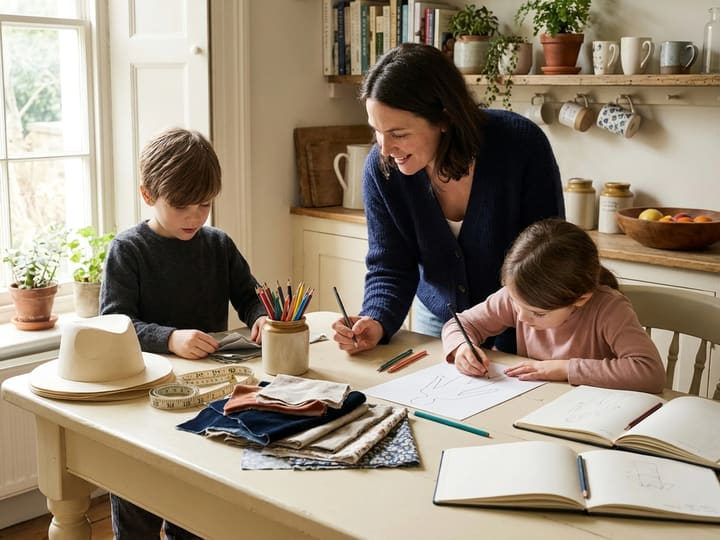 A parent and two children exploring fashion design, fabric and hat shapes together at a kitchen table