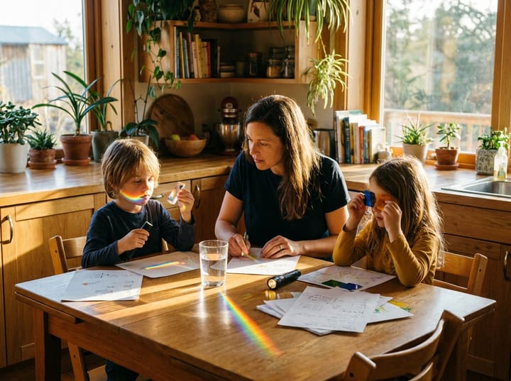 A parent and children experimenting with prisms, coloured filters and a glass of water