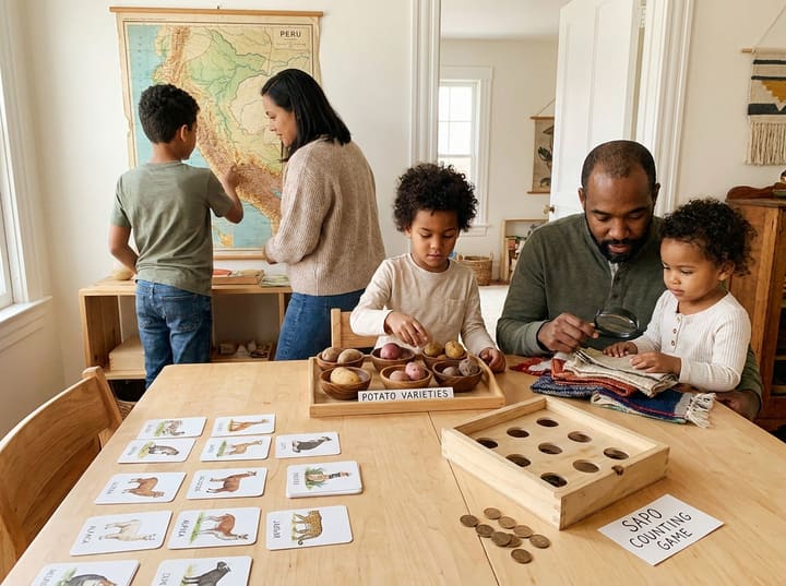 A family mapping Peru, comparing potatoes, textiles, animals and a counting game