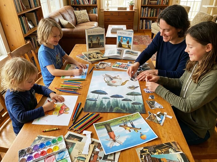 A family creating original dream drawings and surreal collages together