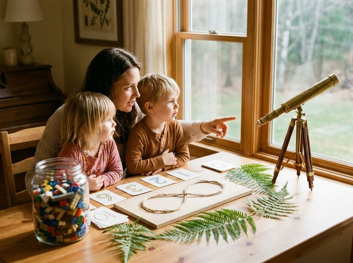 A parent and children exploring numbers, an infinity symbol, ferns and a telescope