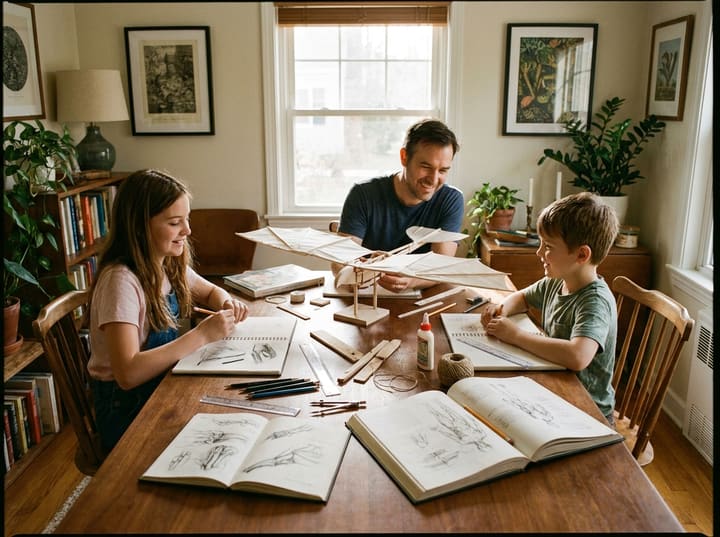 A parent and two children sketching inventions and building a simple flying-machine model together