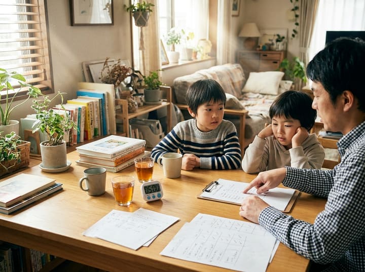 A parent and children comparing predictions and results in a safe drinks experiment