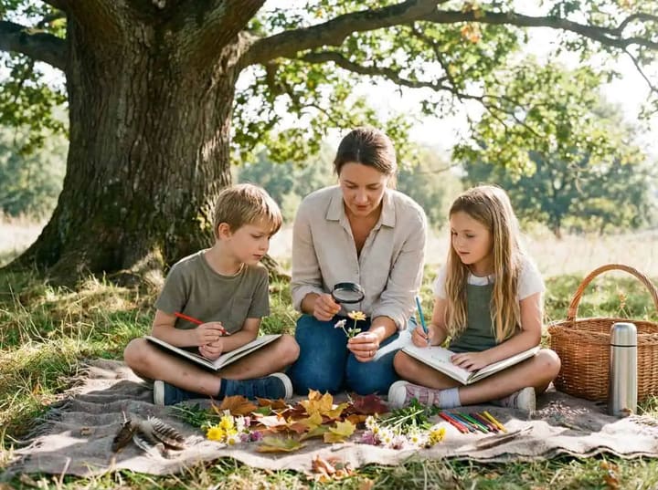A parent and two children observing leaves and flowers and drawing together outdoors