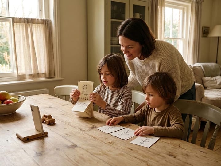 Illustration of a family exploring flip books and picture sequences around a kitchen table.