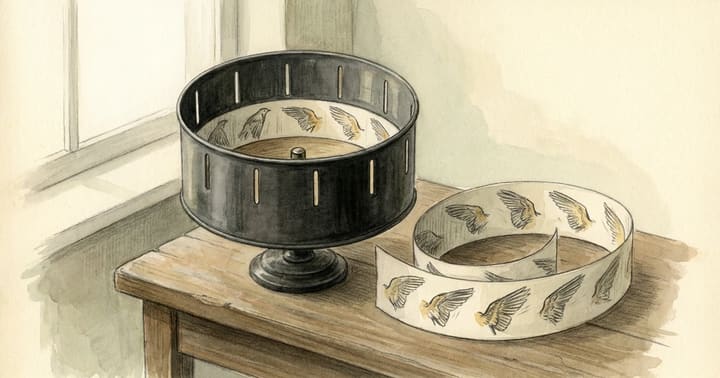 Illustrated zoetrope and a strip of bird drawings on a wooden table in soft window light.