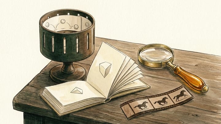 Illustration of a zoetrope, flip book and horse-picture strip on a wooden table, showing early animation ideas.