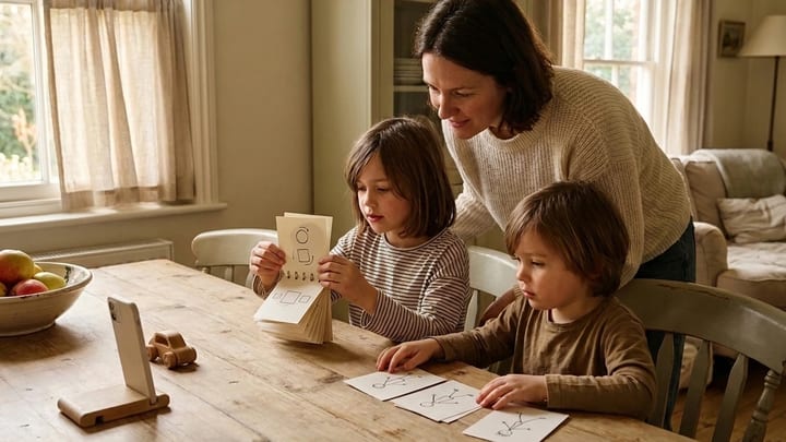 Illustration of a family exploring wordless storytelling with picture cards and a flip book beside a phone and toy.