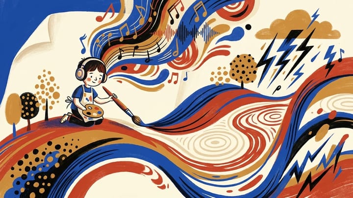 Child painting rhythmic abstract lines while listening to music