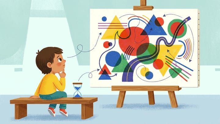 Child studying abstract art beside a sand timer