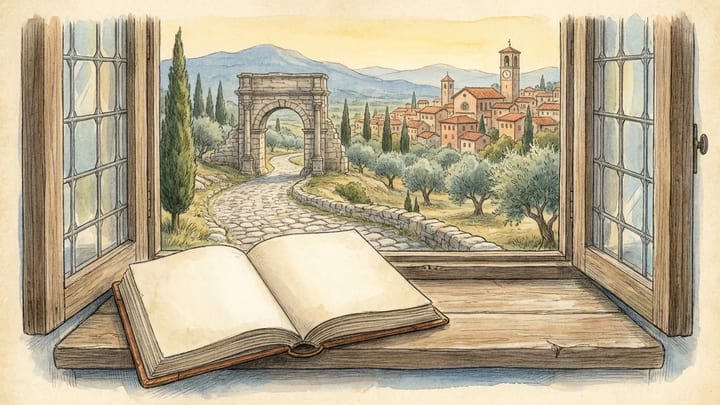 An ancient Roman road leading through a stone arch towards a modern Italian town