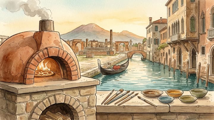 Pizza oven, Pompeii and Mount Vesuvius, a Venice canal and artists’ pigments