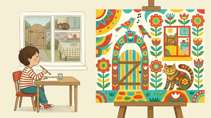 Child turning an ordinary view into bright folk art