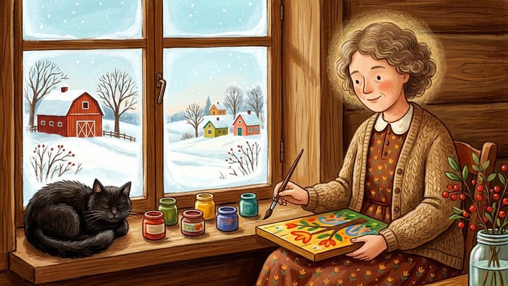 Maud Lewis painting beside a snowy window and black cat