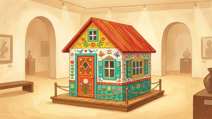 Preserved painted folk-art house in a museum gallery