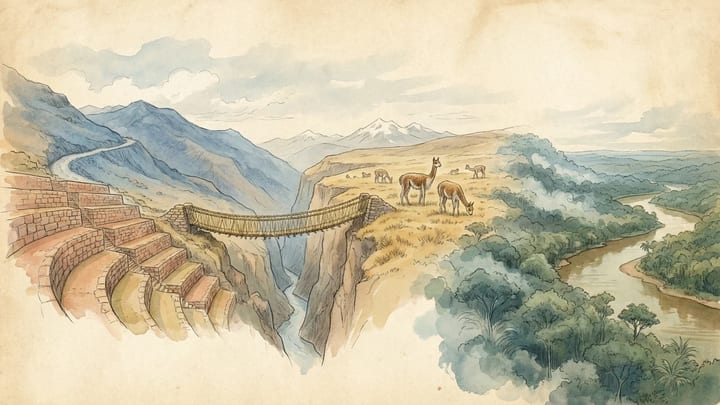 Inca terraces, a woven-grass bridge, vicuñas and cloud forest descending towards an Amazon river