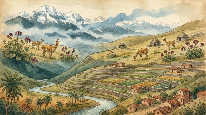 Peruvian landscapes rising from a warm valley through terraces and high grassland to icy Andean peaks
