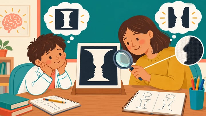 Magnifying glass, brain and visual puzzle