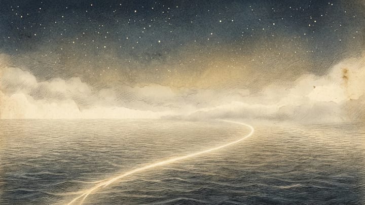 A trail of light continuing across a night sea towards a misty horizon beneath countless stars