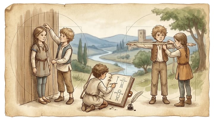 Children measuring height and arm span with geometric guides