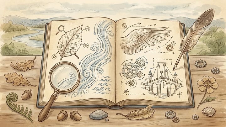 Open notebook of leaves, water, wings, gears and bridge ideas
