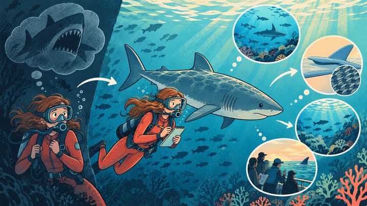 Calm shark and scientist meeting underwater