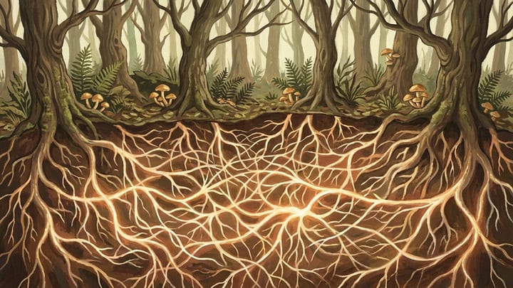 A vast glowing mycelium network spreading beneath a forest