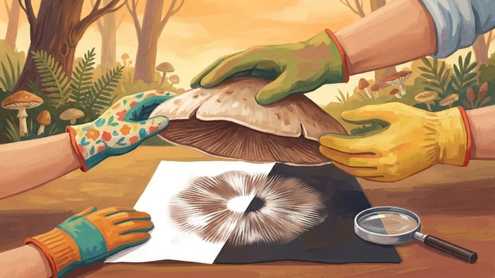 Gloved hands revealing a radial mushroom spore print