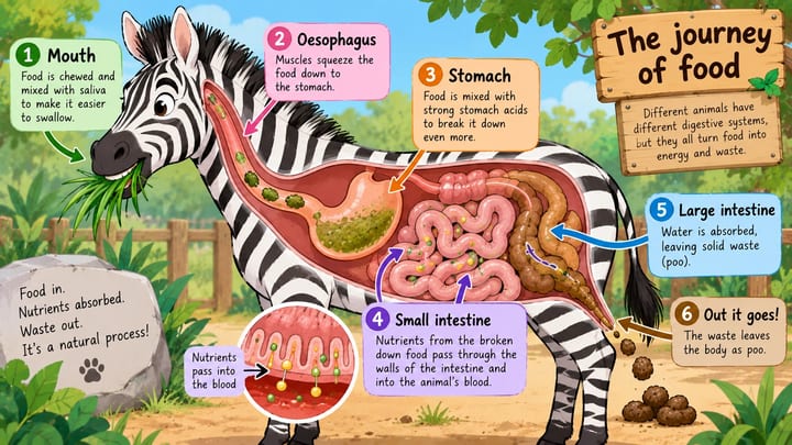 draw the digestion journey in a zebra from food to poo