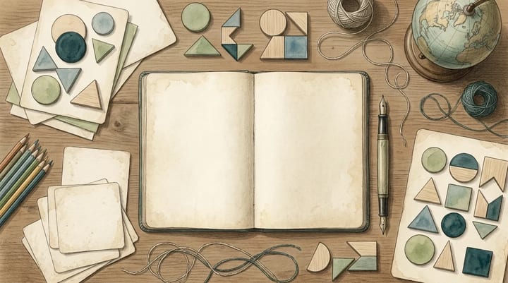Landscape creative desk with blank cards a notebook wooden shapes pencils string and a globe