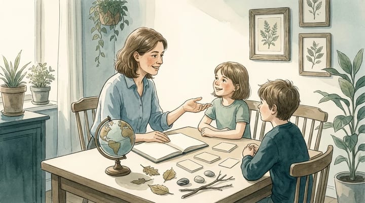 Landscape family scene showing children and an adult practising friendly communication around a globe