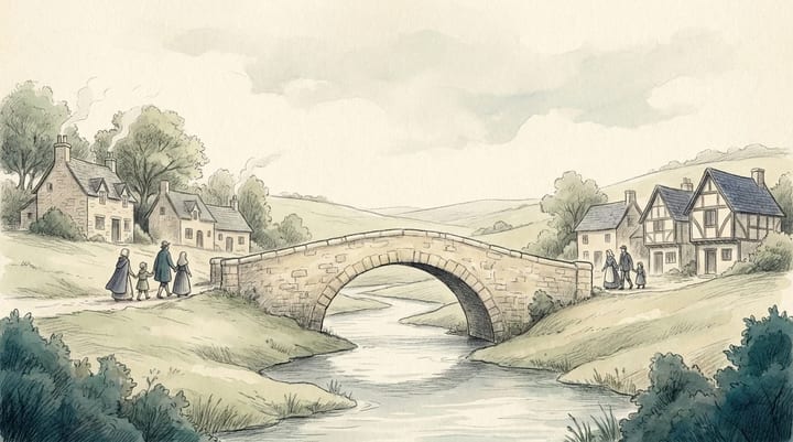 Landscape stone bridge connecting two communities across a gentle stream